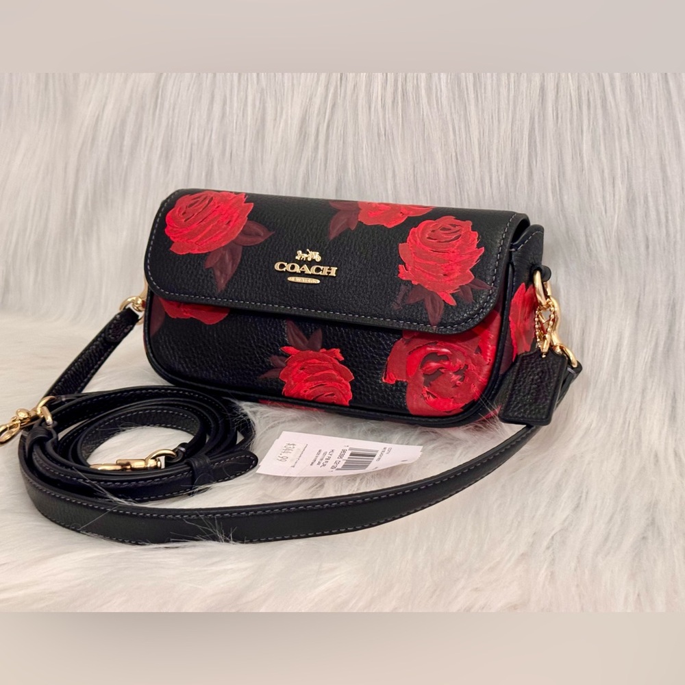 NWT Coach Floral Print Hailey Flap Crossbody Bag CCF74 in Black/Red - Picture 7 of 15